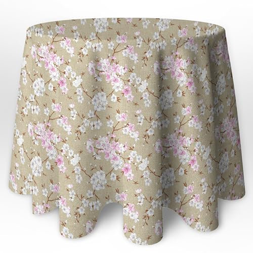 LaFábricadelasTelas - Falda o Ropa de Mesa Camilla Redonda Flores Almendro Beige y Gris. Primavera Verano Loneta Estampada algodón, Faldón Faldilla enagüilla 60-70-80-90-100 (Beige, 90 Redonda)