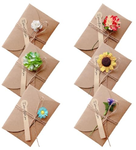 JEYORZY 6 Piezas Tarjetas de Felicitación Sobres de Tarjetas Postales Papel Kraft Retro Flores Secas Decoradas Tarjetas de Felicitación Postales 3D con Sobres de Papel Kraft Decorados con Flores Secas