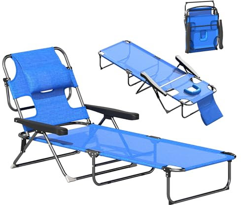 Outsunny Sonnenliege klappbar Gartenliege mit Lesefenster, Kopfkissen, Liegestuhl mit 4-Fach verstellbare Rückenlehne, wetterfeste Campingliege bis 120 kg belastbar, für Garten Strand Pool, Dunkelblau