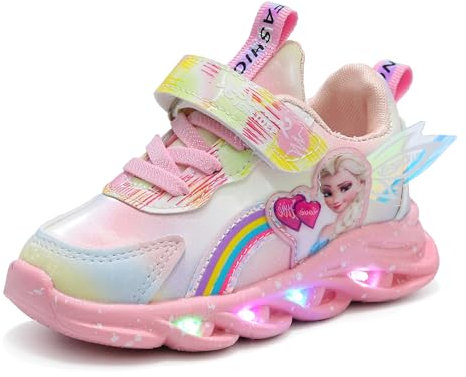 Sneakers con luces for niños, zapatos ELSA for niñas, trainers intermitentes for kids con luz y cierre de MAGIC TAPE, zapatillas luminosas antideslizantes for primavera, verano y otoño(Pink leather,30