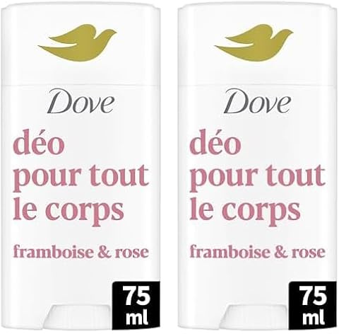 Dove - Déodorant pour Tout le Corps - Stick- Framboise & Rose - Anti Odeurs et Traces Blanches 72h - Conçu pour les Peaux Sensibles - 75ml (Lot de 2)