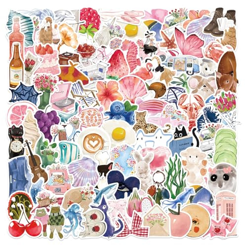100 Pack Aesthetic Stickers - Waterproof Vinyl Decals for Water Bottle, Laptop, Journal | Cute Cartoon Watercolour Designs | Unique Gift Ideas for Girls, Teens, Adults