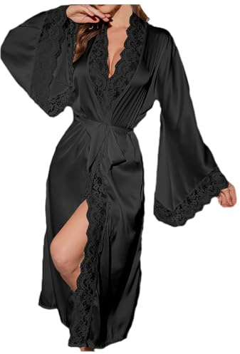 Celanisai Peignoir long en satin pour femme - Kimono japonais - Avec ceinture - Dentelle - Peignoir de mariée - Lingerie érotique - Tenue en satin de soie - Loungwear - Nuisette pour mariage et fête