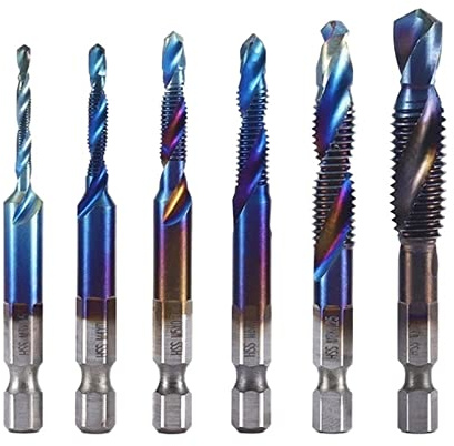 PFXNGMS Set di 6 Punte per maschiatura, Punte per maschiatura metriche con Gambo Esagonale Placcato in Titanio HSS M3 M4 M5 M6 M8 MINGPING (Colore: Blu-Lungo)