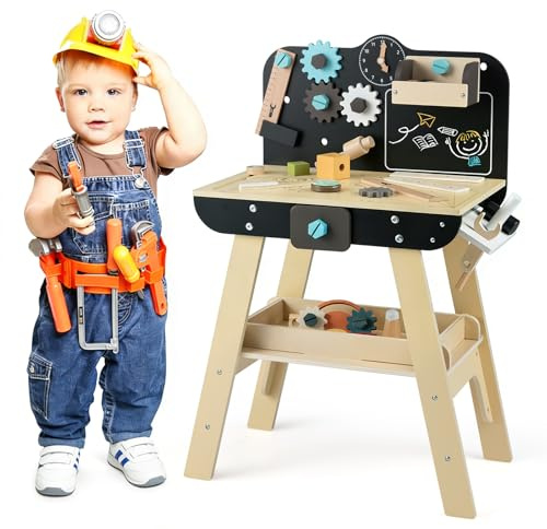 COSTWAY Banco de Herramientas para Niños, Taller de Construcción de Madera con Herramientas de Juguete y Accesorios, Estantes de Almacenaje, Pizarra, Juego de Banco de Trabajo para 3+ Años