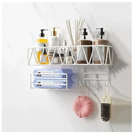 Jw562yv9 Bathroom Shelves Toilet Large Wall Storage Rack Washstand Double Layer Cosmetic with Tissue Holder and Hook Mounted Metal Without Punching Shower Organizer(White)