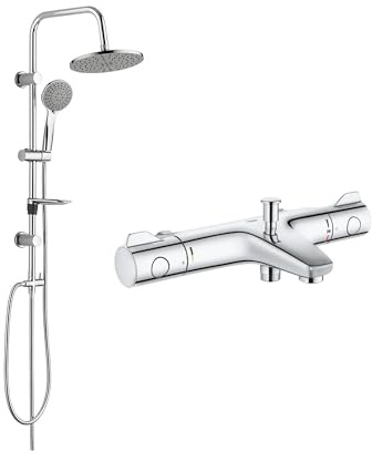 Belvit GROHE Grohtherm 800 Thermostat Wannenarmatur Set, TurboStat Temperaturkonstanz, Regendusche 20 x 20 cm, Handbrause 3 Strahlarten, Duschstange 85 cm, SafeStop 38° C, Duschsystem, Chrom Grau