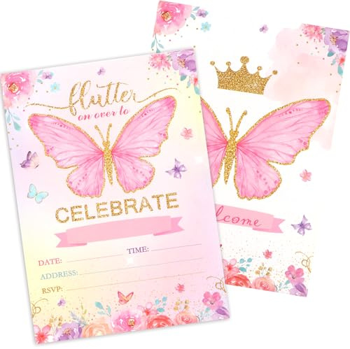 KIUEZIR 12 Pack Butterfly Party Invitations Cards - Pink Floral & Gold Glitter Invites for Milestone Birthdays, Garden Parties & Afternoon Tea Celebrations (Double-Sided Postcard Design, 12x17cm)