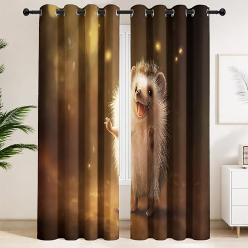 Generisk magisk saga, varm, lugnande mörkläggningsgardiner, öljetter, gardin, set om 2, B 110 x H 215 cm, söt igelkott, gyllene ljus, barngardin, termisk gardin för sovrum, vardagsrum