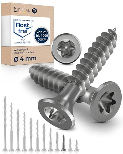 Träskruvar i Rostfritt Stål A2 – Försänkt Huvud Torx TX20 – Helgängade – 4 x 25 mm – 1000 Pack – Universalskruvar för Trä