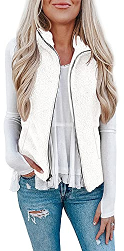 Women Zip up Faux Fur Fleece Shearling Sherpa Vest Coat Winter Warm Jacket Open Front Sleeveless Vest Coat with Pockets White XXL