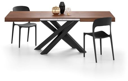 MOBILI FIVER, Table Extensible Emma 140(220) x90 cm, Noyer avec Pieds Croisés Noirs, pour 6-10 Personnes, Table Extensible pour Cuisine, Salon, Made in Italy