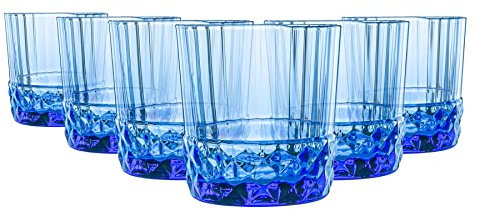 Bormioli Rocco America '20s Water Glasses - Vintage Art Deco Whisky Cocktail Tumblers - 370ml - Sapphire Blue - Pack of 6