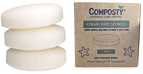 Composty | Natural Baby Sponges | 3 Pack | Soft Bath Sponge for Newborn Babies | Gentle, Sustainable & Reusable Konjac Sponge | Non-Toxic & Plastic Free | One Tree Planted for Each Pack Sold