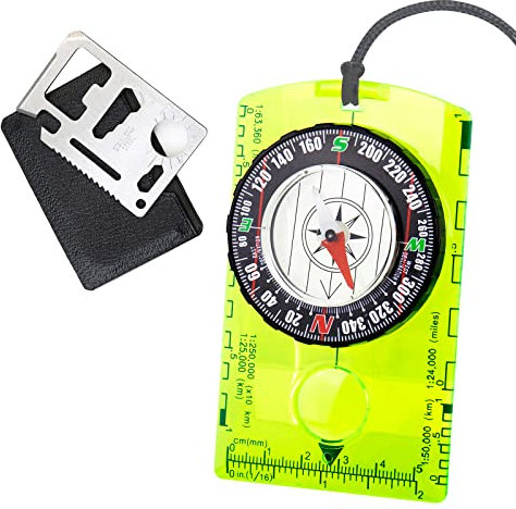 ‎CTDMJ Kompass， kompass Outdoor, kompass Kinder, mit Multifunktions Karte 11 in 1 Multitool Karte, Leuchtend kompas, Wanderkompass für Wandern und Outdoor Survival, Camping, Navigation (2 Stücke)