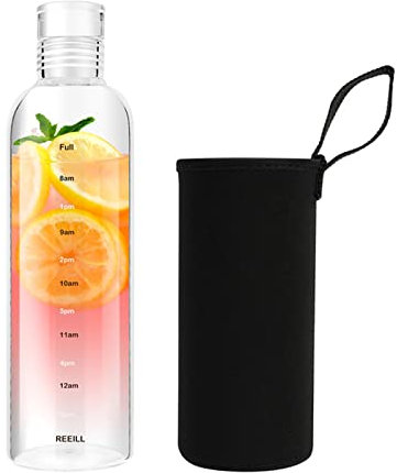 Hniuyun 500ml Water Bottles with Time Marker and Non-slip Sleeve, Reusable Clear Glass Drinking Bottles, Suitable For Office, Gym, Outdoors
