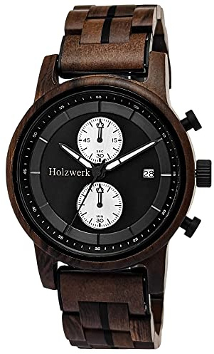 Holzwerk Germany Orologio da uomo, realizzato a mano, in legno, eco-naturale, cronografo, analogico, al quarzo, marrone, blu, data in legno, Marrone/Nero, Moderno