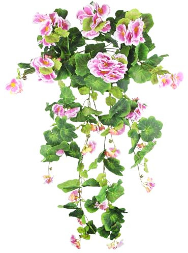 FAICOIA Künstliche hängende Blume, Geranienkorb, Kunstblumen, Geranie, hängende künstliche Ranke, Seide, Geranie, Blumen, rosa Tropfen, Blumengirlande für Wand, Terrasse, Rasen, Garten, Hochzeit,