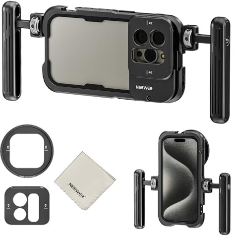 NEEWER 15 Pro Phone Käfig Cage Kompatibel mit iPhone 15 Pro mit Zwei Griffen Metall 67mm Filter Adapter 17mm Objektiv Backplane Reinigungstuch Smartphone Stabilizer für Filmen, PA023K