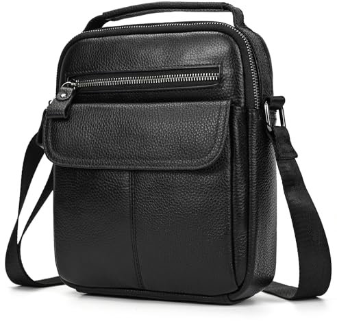 Leder Umhängetasche Herren kleines Schultertasche Vintage Männer Tasche Crossbody Bag Freizeit Fashion für Business Arbeit Reise, 9509 Schwarz