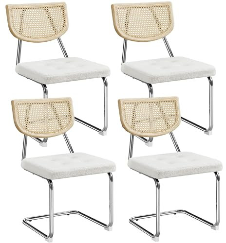 Yaheetech Küchenstuhl 4er Set Esszimmerstühle Rückenlehne aus Rattan Schwingstuhl aus Bouclé-Gewebe Polsterstuhl fürs Esszimmer/Küche/Wohnzimmer/Restaurant Weiß