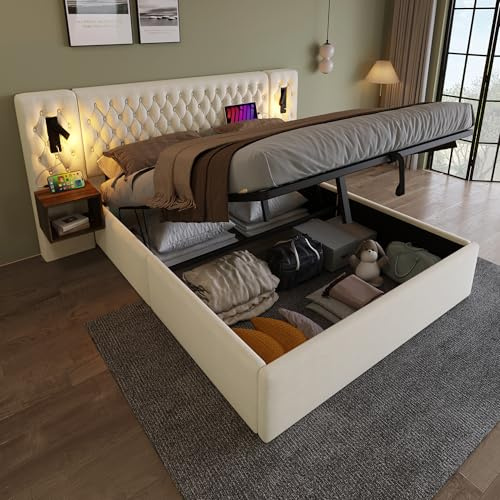 Idemon Juego completo de cama para dormitorio, cama doble tapizada de 160 x 200 cm con 2 mesitas de noche, cabecero de luz de lectura con función de carga USB, 241 x 210 x 105 cm, terciopelo (sin