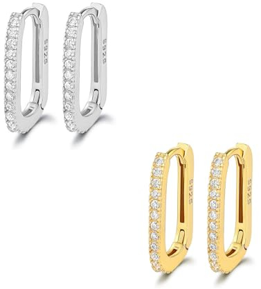 HinDaLi 2 Par Kreoler i 925 Sterlingsilver för Kvinnor och Flickor, Silvercreoler med Kubisk Zirkonia, Glittrande Fyrkantiga U-formade Diamantörhängen i Guld