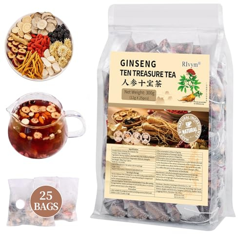 25Pcs Ginseng Ten Treasures Tea, Chinese Traditional Kidney Care Herbal Tea, Natural Kidney Cleanse Detox Tea for Women & Men, 10 Precious Ingredients Formula(25Bags, 300g)