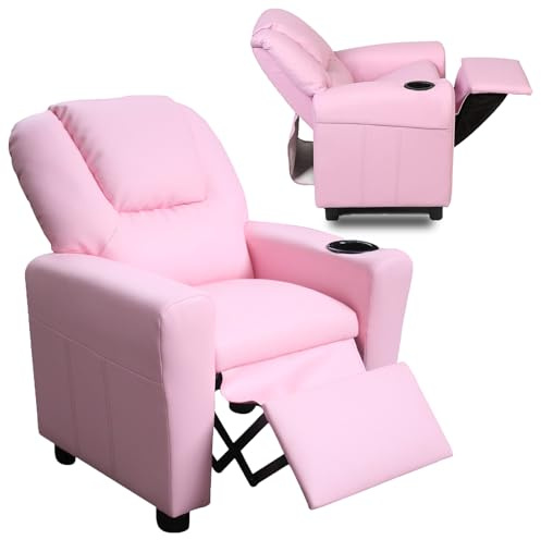 Kids Recliner Chair w/ Cup Holder, Toddler Recliner Chair Ages 1-4, 2-in-1 PU Leather Single Sofa for Boys/Girls, Kids Lazy Boy Chairs, Upholstered Armchair, Adjustable Backrest & Footrest (Pink)
