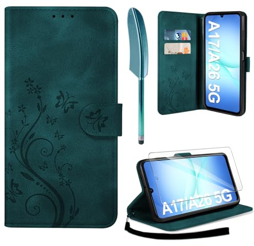 AROYI Case Compatible with Samsung Galaxy A17 5G/A26 5G Case with Tempered Glass Screen Protector,Wallet Case PU Leather with Card Slots Folding Stand Magnetic Protect Flip Cover Blue Green
