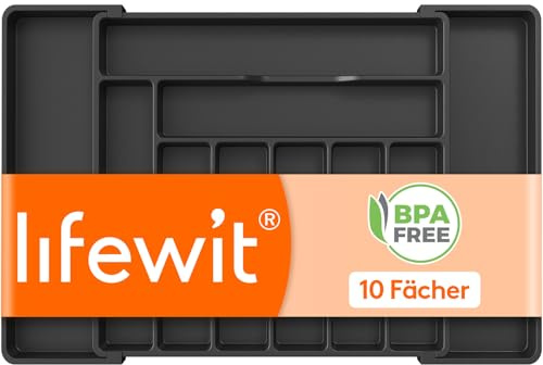 Lifewit Caddy per cassetti, porta posate regolabile profondità 42 cm, inserto per posate in plastica larghezza da 51 a 74 cm, organizer per utensili da cucina per cucchiai/forchette, Nero