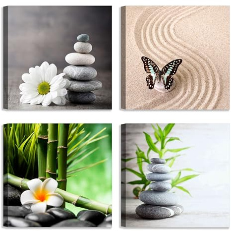 LuxHomeDecor Set 4 Quadri Zen per Centro Estetico e Spa – Stampe su Tela 30x30 cm con Telaio in Legno – Decorazione Rilassante per Ambiente Benessere, Studio Massaggi e Casa