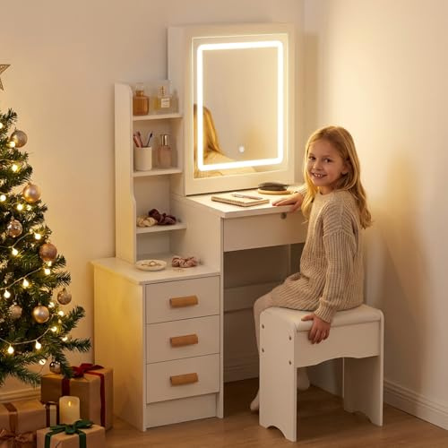 joukares Dressing Table with Mirror and Stool, Vanity Table with LED Lights Mirror 3 Colour Modes, Makeup Desk with Storage Drawers and Shelves, Small Dressing Table for Bedroom for Girl (White 3)