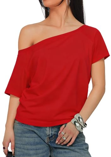 INFITTY Sexy Tops for Women Summer Off The Shoulder Tops 2026 Casual Cute Short Sleeve Loose Fit T Shirts Red S