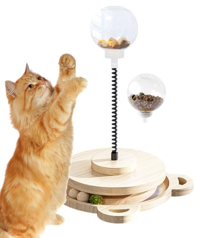 Pelota de Comida para Perros, Madera de Haya Natural, Bobina de Acero Inoxidable, dispensador de Platos giratorios de Madera con Barra de Resorte, dispensador de golosinas para Gatos,