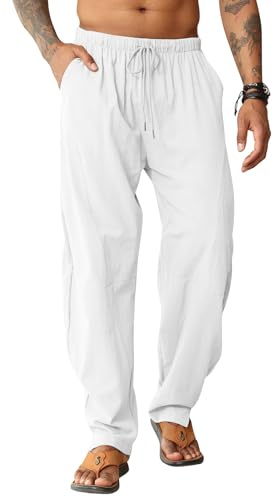 LAOARA Pantaloni Uomo Lino Pantalone da Spiaggia Hippy Harem Pantaloni Elastico Cotone Estivi Lunghi Pantalone Bianco XL