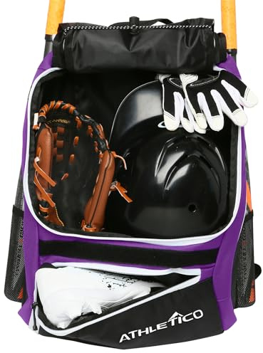Athletico Baseball Bat Bag - Backpack for Baseball, T-Ball & Softball Equipment & Gear for Youth and Adults | Holds Bat, Helmet, Glove, & Shoes |Shoe Compartment & Fence Hook (Purple)