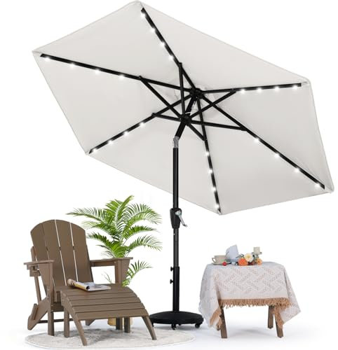 MasterCanopy 230 cm Sonnenschirm mit 24 Solar-LED Patioschirm Gartenschirm Terrassenschirm Tischschirm Martkschirm, Hellbeige