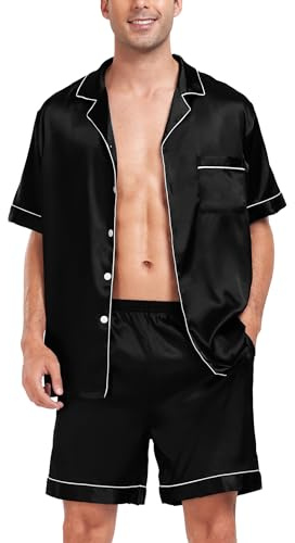 SWOMOG Men Satin Silk Pajamas Sets Short Sleeve Sleepwear Button-Down PJs Sets Two-Pieces Loungewear with Pockets Black