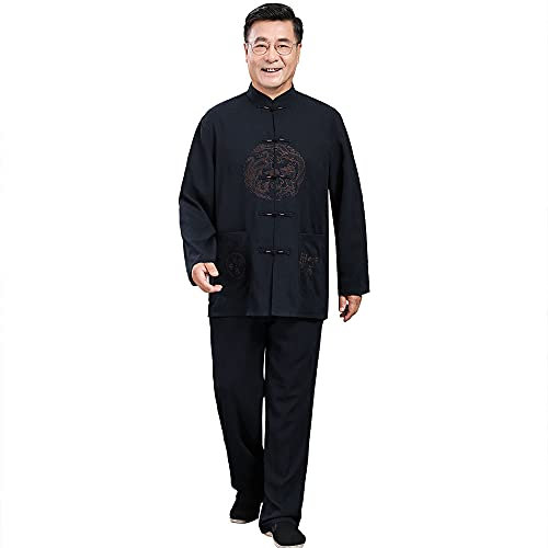 G-LIKE Herren Bestickter Tang Anzug - Chinesische Frühling Herbst Kleidung Kampfkunst Kung Fu Tai Chi Trainingsanzug Langarmhemd Hose Hanfu Uniform für Männer – Baumwolle Leinen (Dunkelblau, XL)