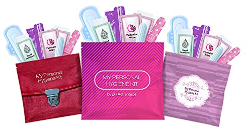 3 x Menstrual All-in-One Kits - Assorted Colors | Convenience on The Go | Single Period Kit Packs | Individually Wrapped Feminine Hygiene Products (Red Purse/Pink/Purple)