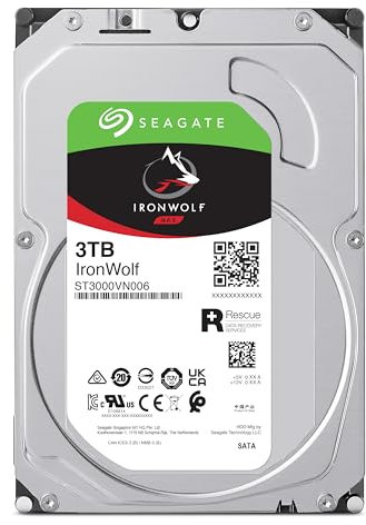 Seagate IronWolf, 3TB, NAS, Internal Hard Drive, CMR, 3.5 Inch, SATA, 6GB/s, 5,400 RPM, 256MB Cache, for RAID Network Attached Storage, 3 year Rescue Services (ST3000VN006)