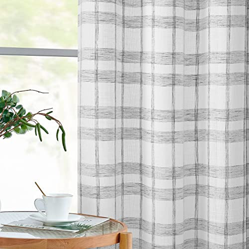 SXZJTEX Grå och vit buffel rutiga gardiner halvgenomskinliga gingham linne gardin draperier 213 cm längd för vardagsrum sovrum förstärkt topp, 55 B x 84 L, 2 paneler