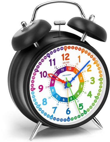 Peakeep Loud Alarm Clock for Kids Learning Telling Time Teaching Clock, 4.5 Rainbow-Colored Twin Bell Analog Alarm Clock Battery Operated for Heavy Sleepers Adults Teenagers Kids