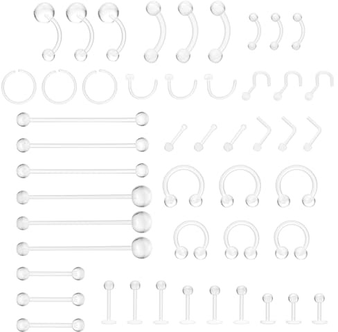 Lusofie 48Pcs Acrylic Piercing Jewelry Set - Clear & Colored Septum Rings, Nose Studs, Lip, Cartilage, Tongue, Belly, Eyebrow, Tragus Earring Barbell for Work