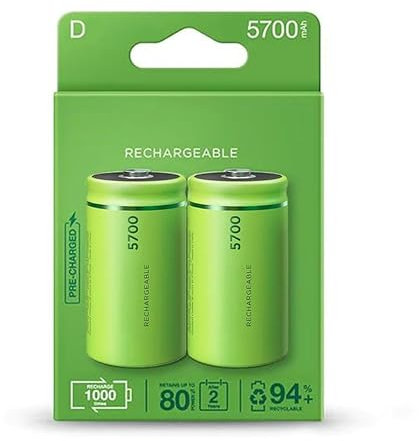 Pila Recargable Tipo D de 57 mAh precargadas de fábrica, 2 Pilas