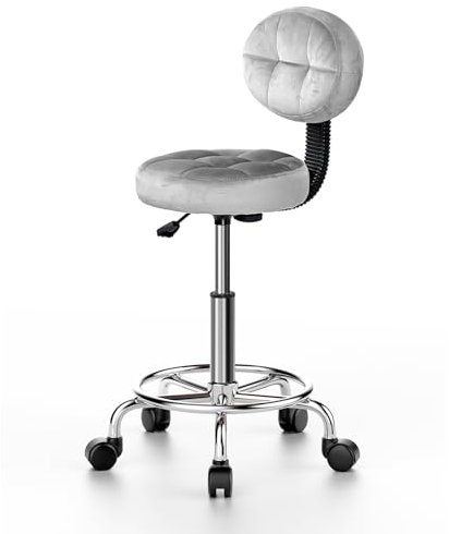rattantree Rollhocker mit Lehne, Bürohocker, Höhenverstellbar, Sitzhöhe 49-64cm, 360° Drehhocker, Arbeitshocker mit Fußstütze, Samt Kosmetikhocker, für Arbeitszimmer, Schlafzimmer, Grau