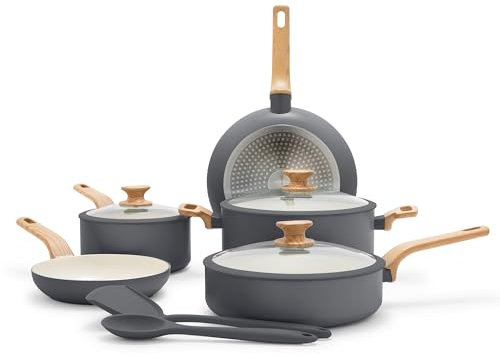 Greenpan Rio Essence Wood 10 Piece Cookware Pots and Pans Set, Healthy Ceramic Nonstick, PFOA & PFAS-Free Coating, Induction, Silicone Rim Lids, Stay-Cool Wood Print Handles, Dishwasher Safe, Gray