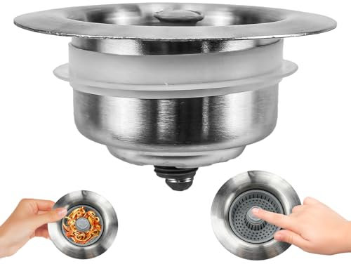 ADERTOS Colador de Fregadero 3 en 1, Tapón de Desagüe de Acero Inoxidable para Cocina, Cesta para Fregaderos de 70-86mm de Ancho (10.8 * 6cm)
