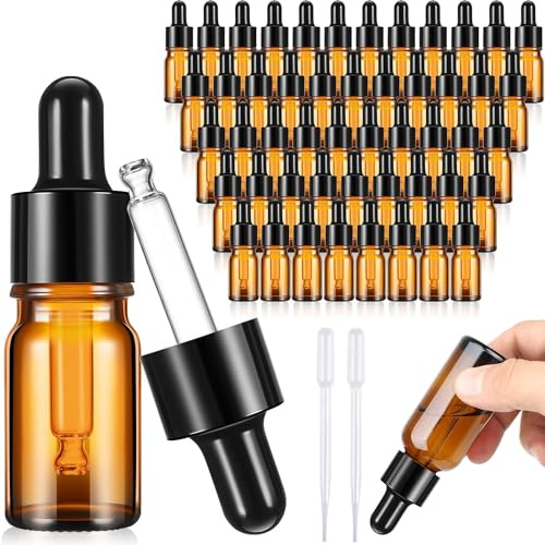 BSTDAYEVER Pipettflaskor 5 ml flaska flaska med pipett antiskock | 45 st. droppflaska droppflaska 6,3 × 1,5 cm apoteksflaska korrosionsbeständig för eterisk olja aromaterapi massage